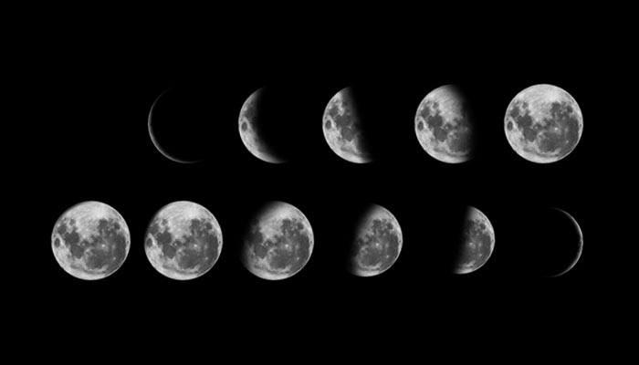 Phases of the moon from new moon to thin morning crescent