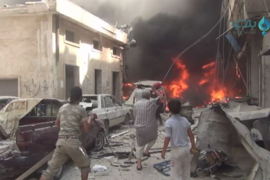 Footage shows panic and distress after a central Idlib marketplace was bombed
