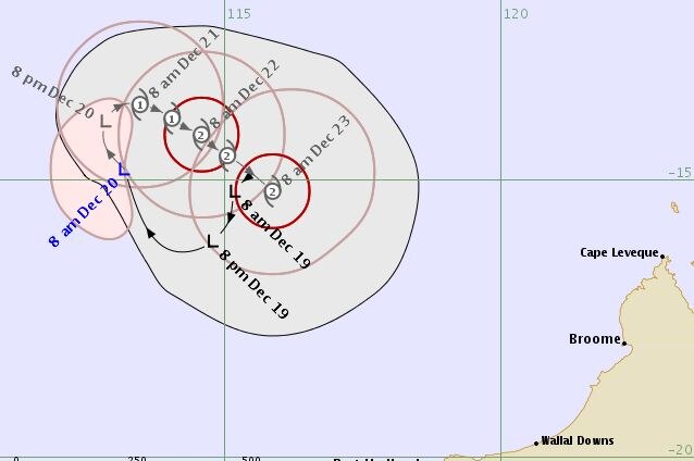 A weather tracking map showing a tropical low north of Karratha.