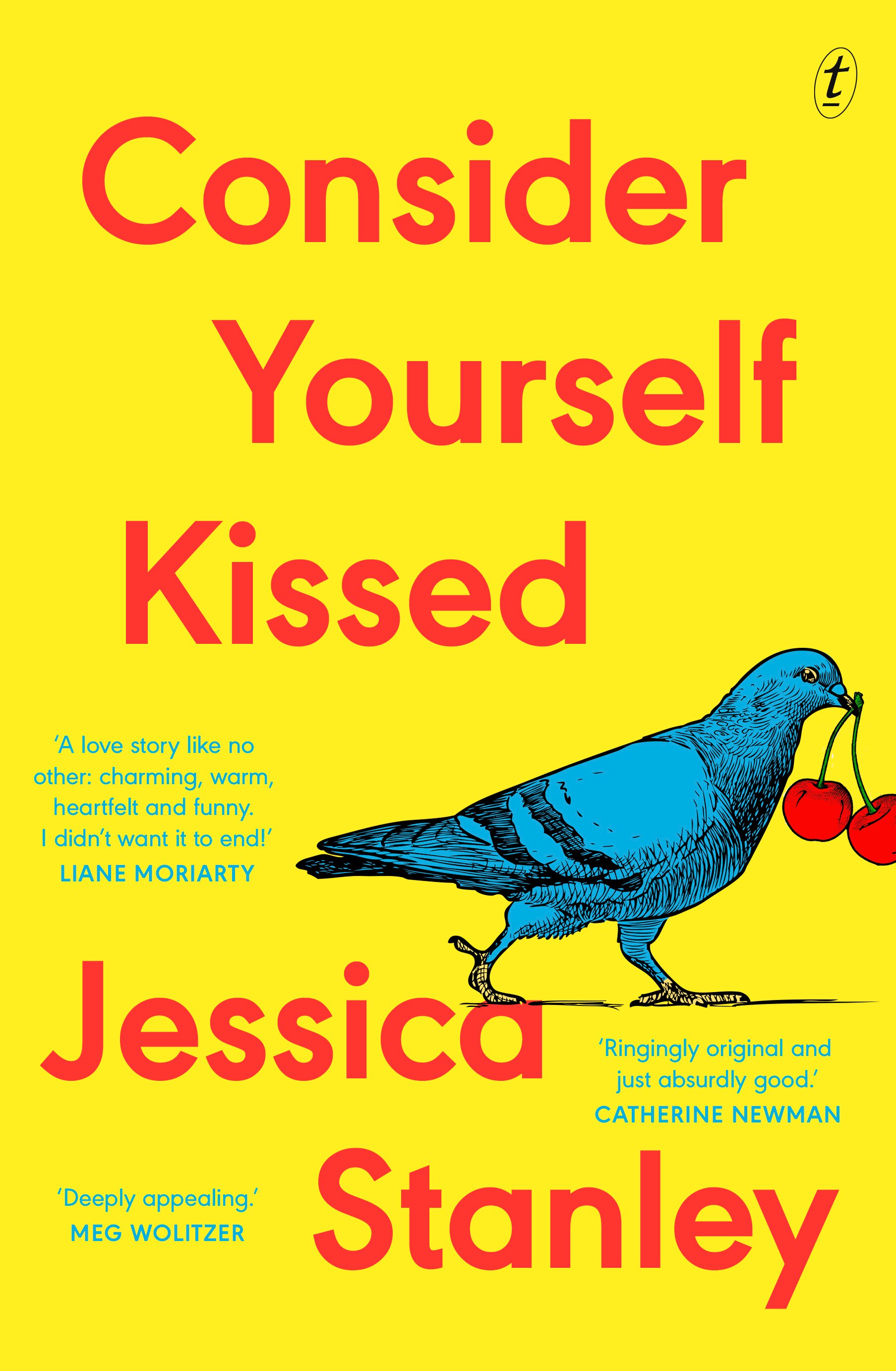 A yellow book cover featuring red text and an illustration of a pigeon holding two cherries in its beak