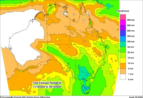 Map of Aus dark green indicating the heaviest rain is forecast over the south-east 