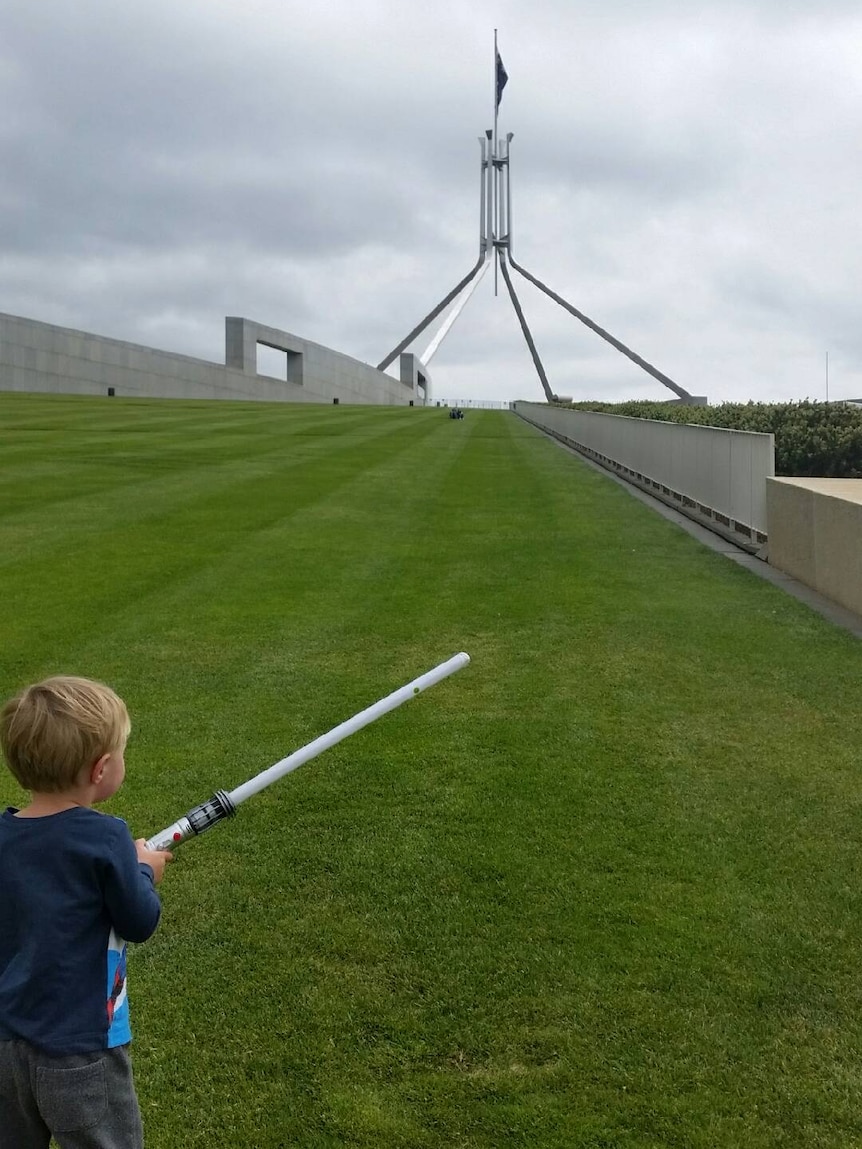 A boy brandishes a lightsaber on Capital Hill