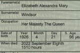 Queen Elizabeth death certificate