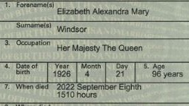 Queen Elizabeth death certificate