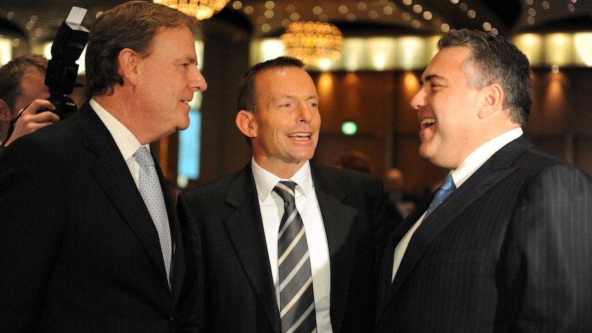 LtoR Peter Costello, Tony Abbott and Joe Hockey together in July, 2010.