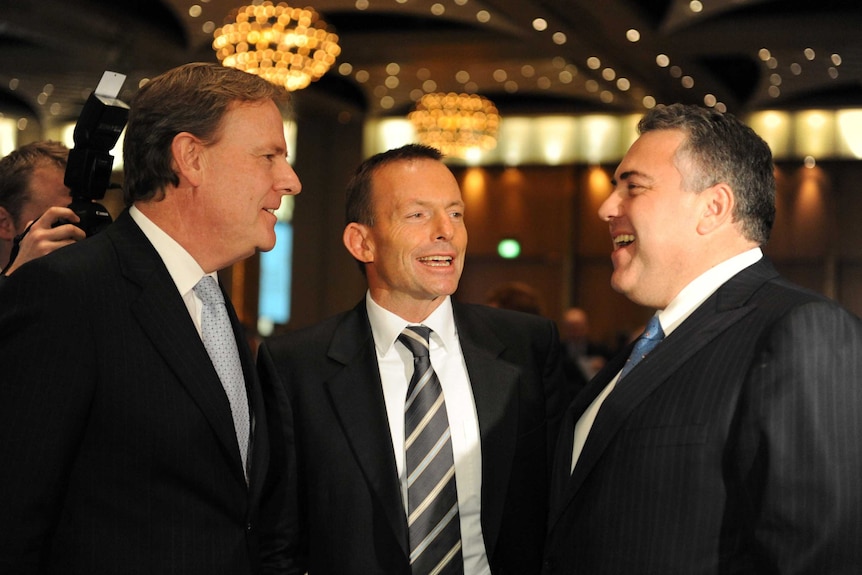 Peter Costello, Tony Abbott and Joe Hockey speak at an event in July, 2010.