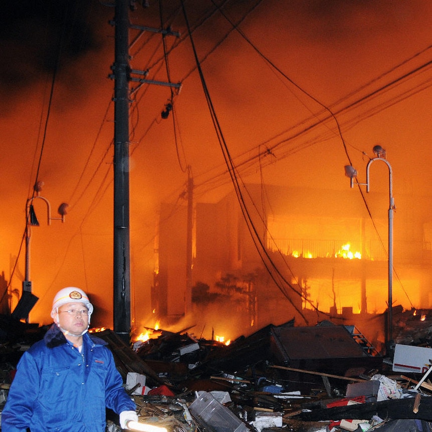 Man surveys Japanese earthquake destruction
