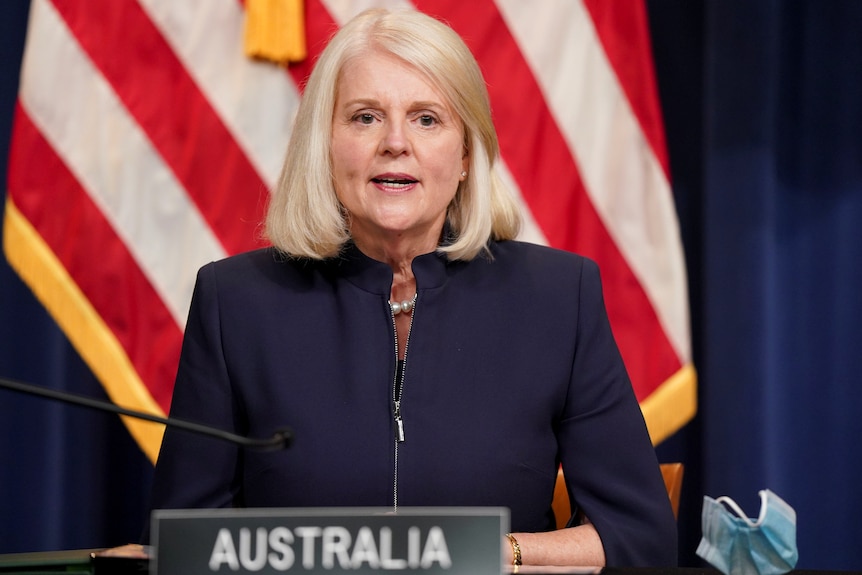 Minister for Home Affairs Karen Andrews at a press event in Washington, December 2021.