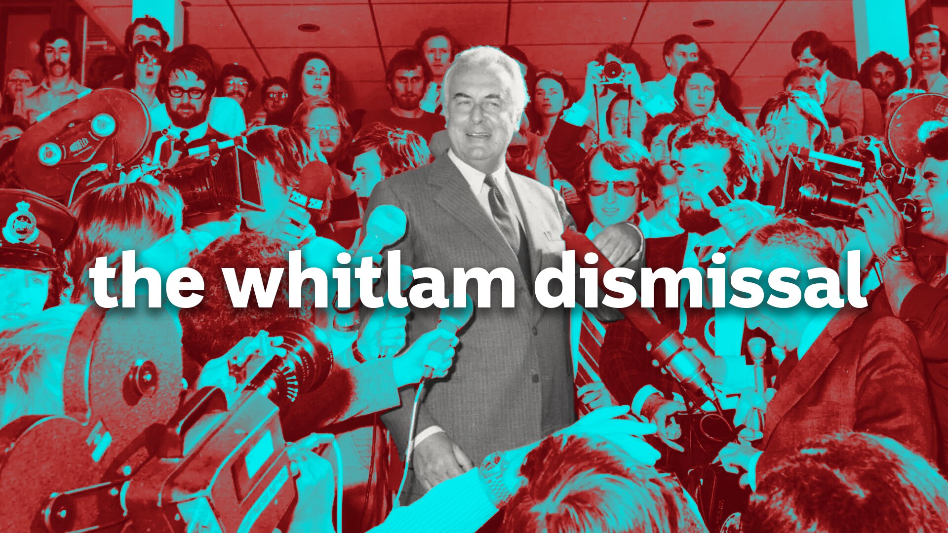 Gough Whitlam stands on stairs surrounded by the media, supporters and politicians.
