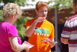 Pauline Hanson speaks to voters in Baldivis on election day.