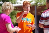 Pauline Hanson speaks to voters in Baldivis on election day.