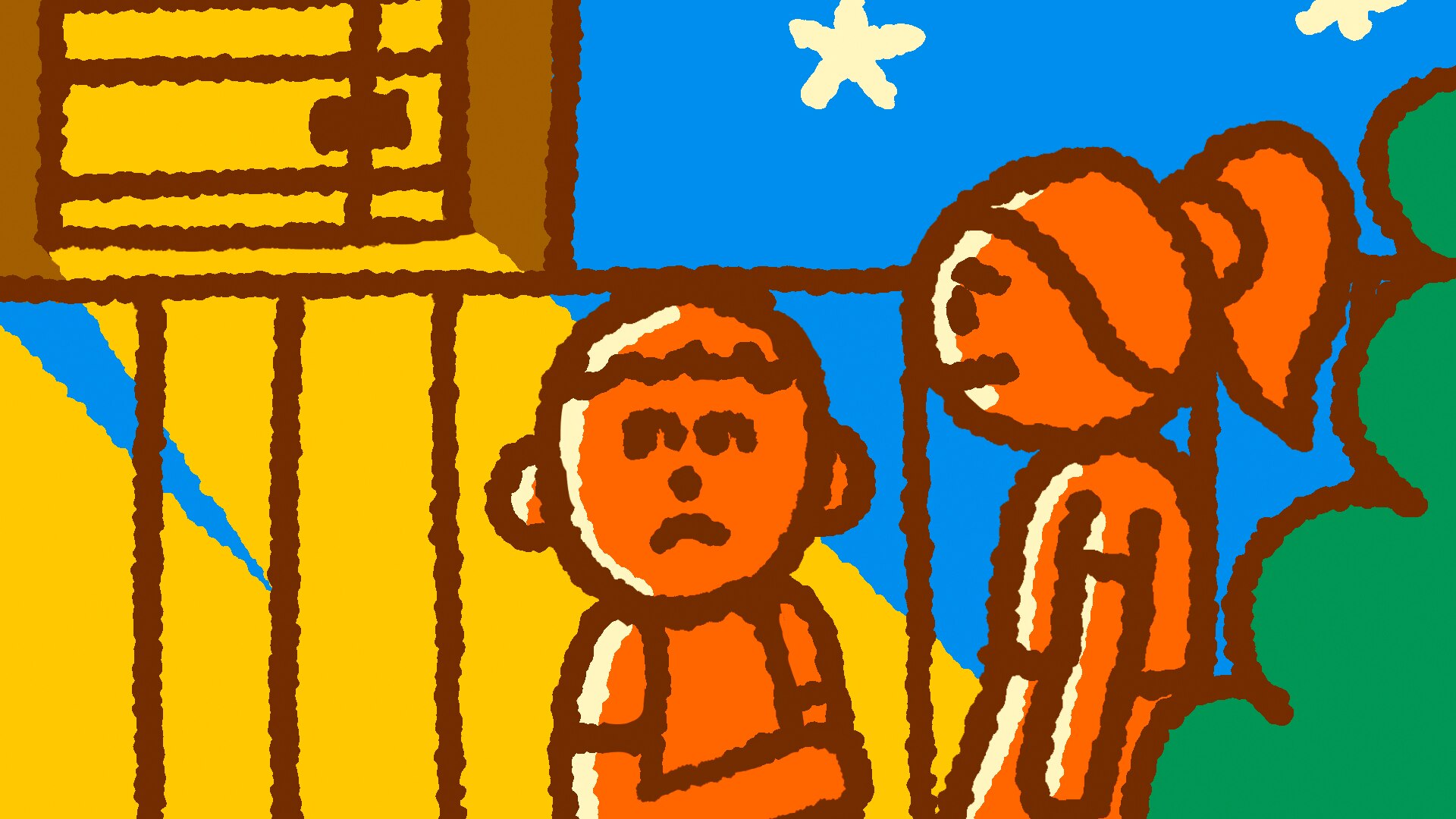 Graphic drawing of house with windows as eyes, looking at boy