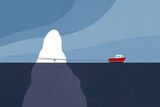 Illustration of iceberg being towed by small boat with blue water and blue sky.
