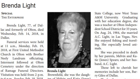 A newspaper snipping of an obituary to Brenda Light.