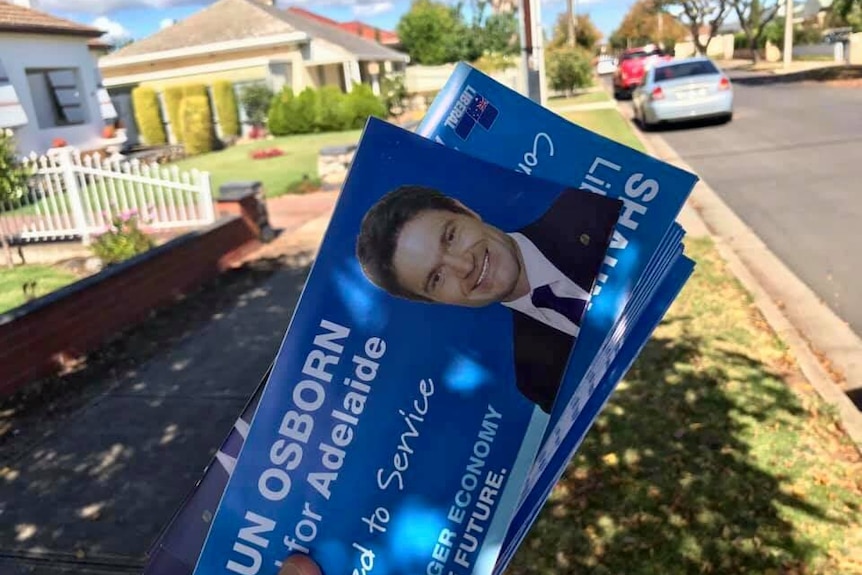 A hand holding a bunch of blue flyers with Liberal candidate Shaun Osborn's face on them