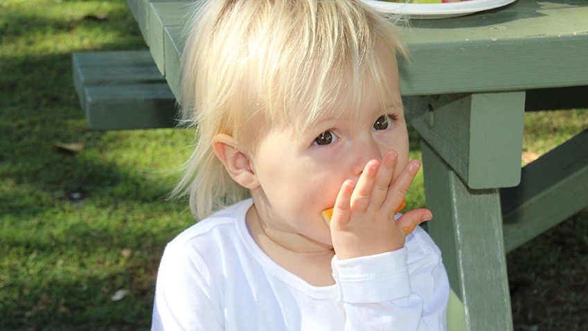 Child eating a piece of orange.