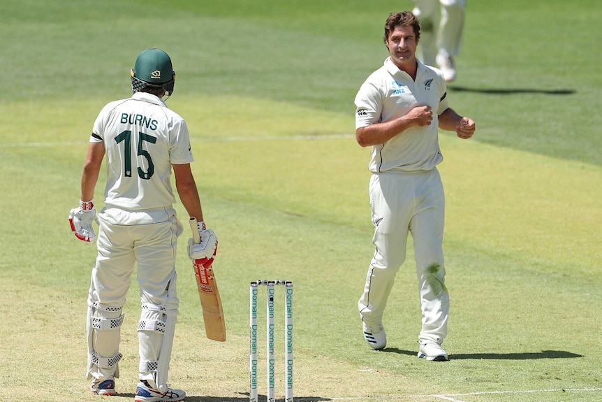 Colin de Grandhomme looks towards Joe Burns after dismissing the batsman LBW