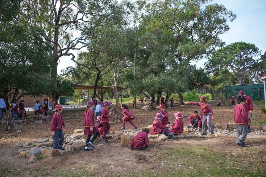 Students in the natural playground at Daceyville Public School.