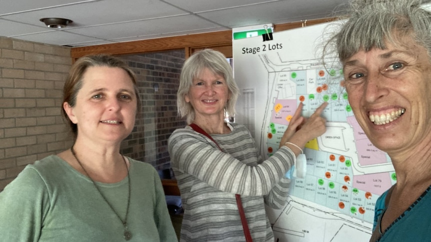 Three women smile in front of a board showing a development plan. 