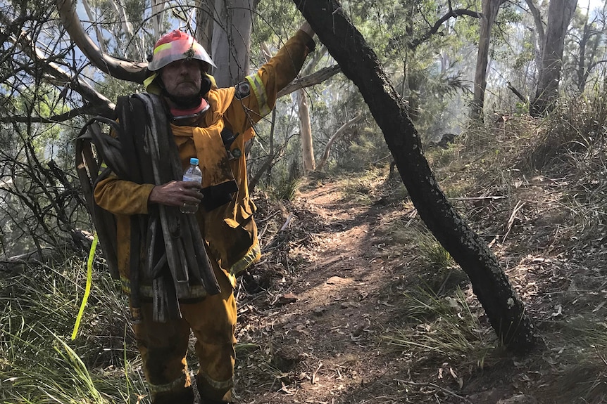Dirty and exhausted firefighter leaning on a burnt tree