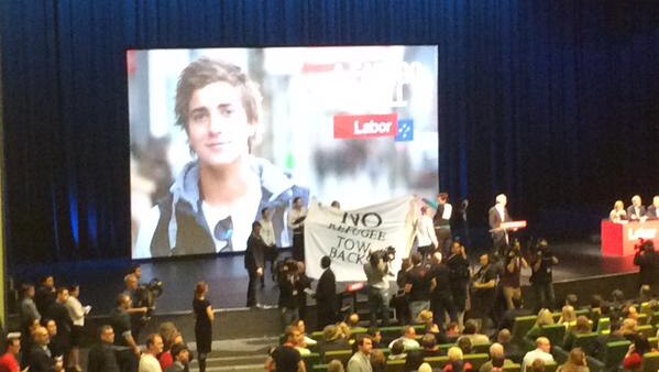 Protestors on stage at the 2015 Australian Labor Party conference