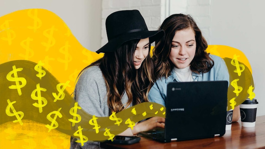 Two teenager girls look at their computer with illustrated dollar signs to depict how to teach children money management skills.