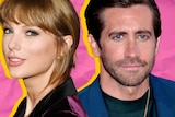 Taylor Swift looks to the camera and smiles on the left cut out against a pink and yellow backdrop, with Jake Gyllenhaal right.