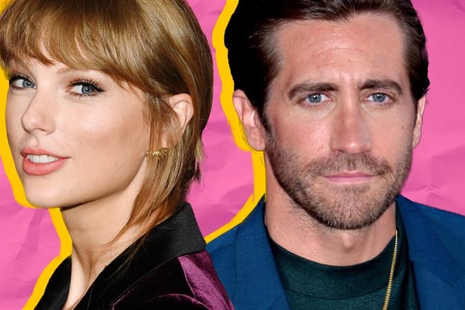 Taylor Swift looks to the camera and smiles on the left cut out against a pink and yellow backdrop, with Jake Gyllenhaal right.