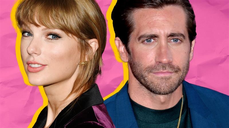 Taylor Swift looks to the camera and smiles on the left cut out against a pink and yellow backdrop, with Jake Gyllenhaal right.