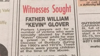 Newspaper advertisement calling for witness to the actions of a Catholic priest in the Bunbury Diocese.