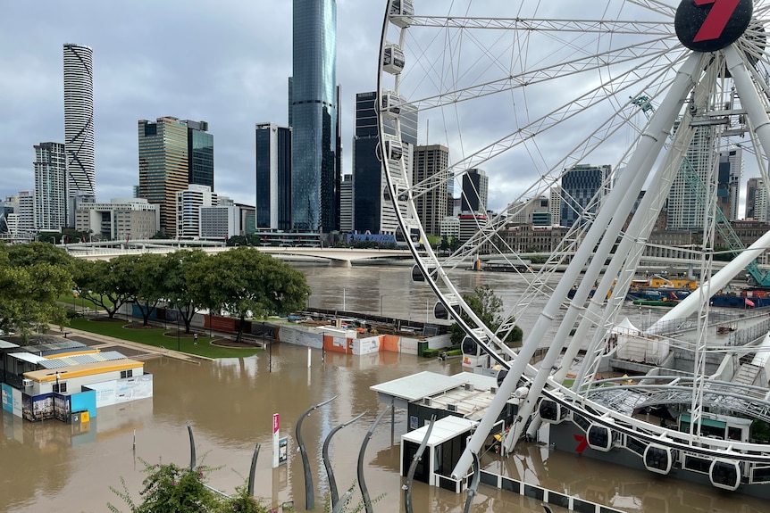 A ferris wheel and a river with flooding