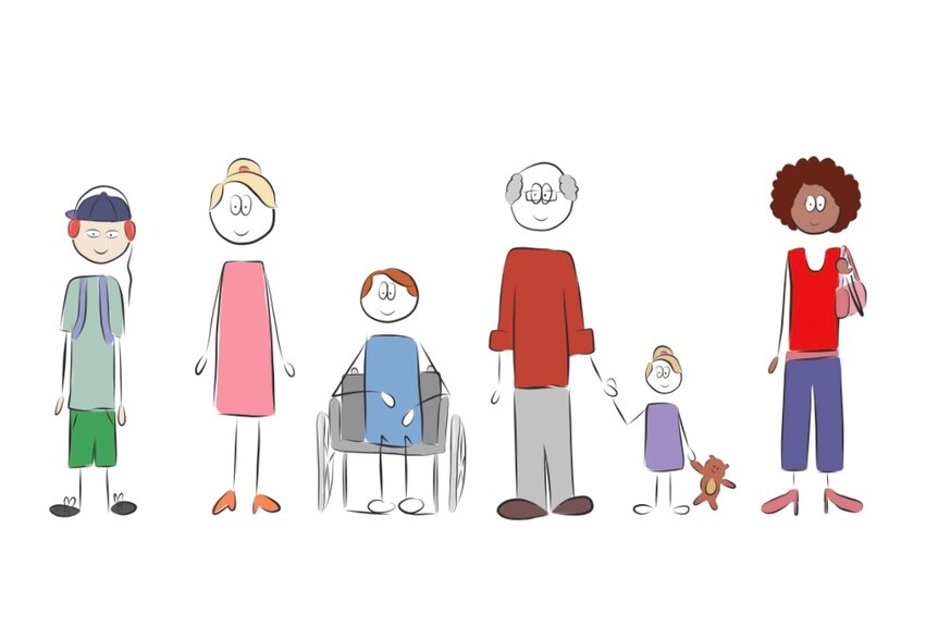 A cartoon of six people, including an elderly man and a kid in a wheelchair.