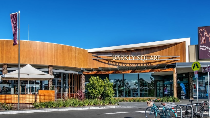 The entrance to the Barkly Square shopping centre, on a sunny day under a blue sky.