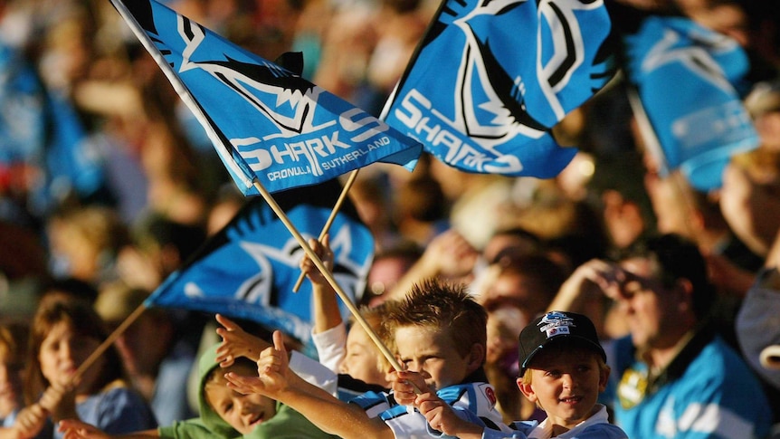 Cronulla Sharks supporters wave flags (good Sharks generic)