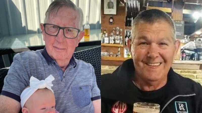 An elderly man with glasses holding a baby while sitting. Second photo a man holds up a glass of beer in a pub.