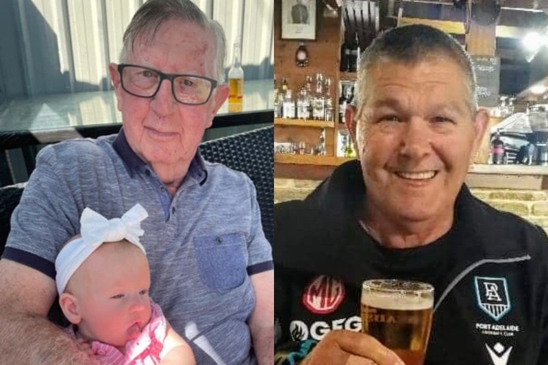 An elderly man with glasses holding a baby while sitting. Second photo a man holds up a glass of beer in a pub.