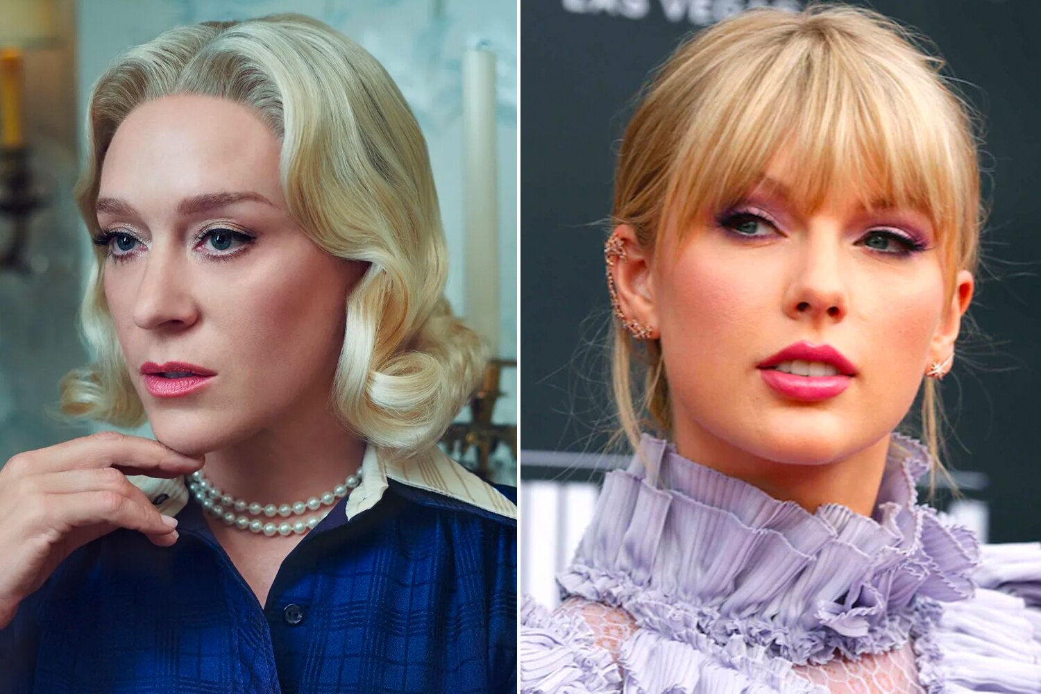 Side by side photos of actress Chloe Sevigny in a blue shirt dress and Taylor Swift in a lilac frilled dress