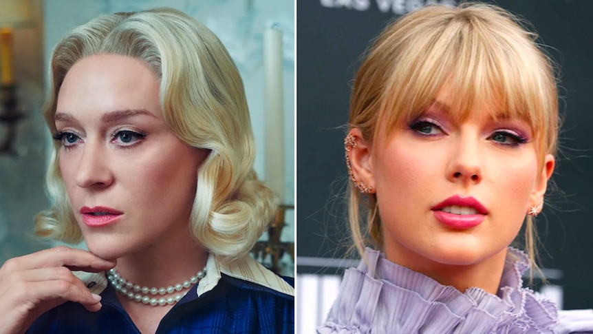Side by side photos of actress Chloe Sevigny in a blue shirt dress and Taylor Swift in a lilac frilled dress