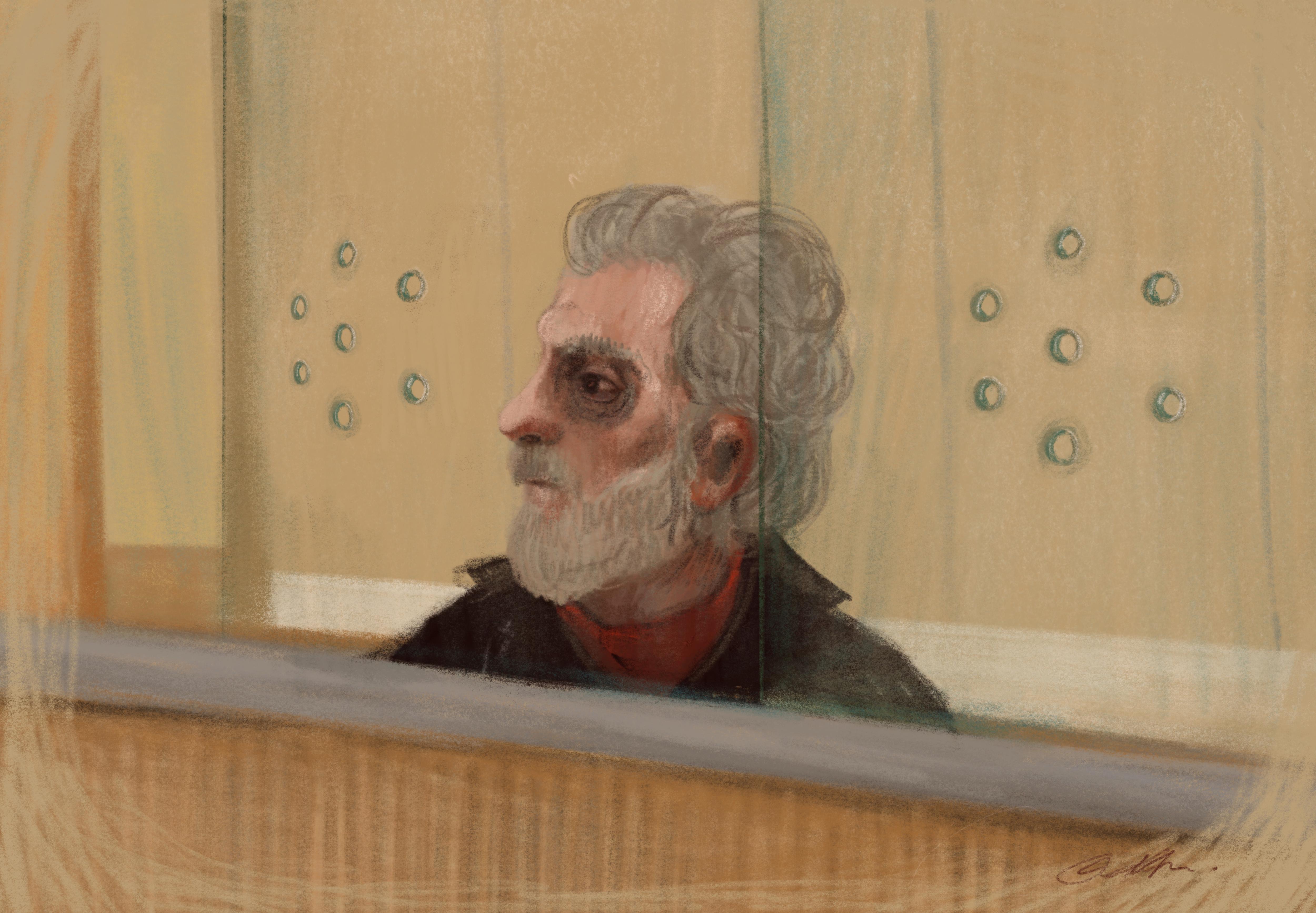 A court sketch of Perry Koroumbilis