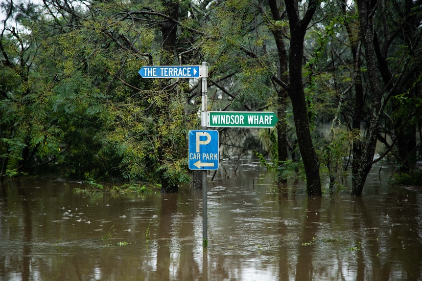 Two intersecting street signs in deep flood water.