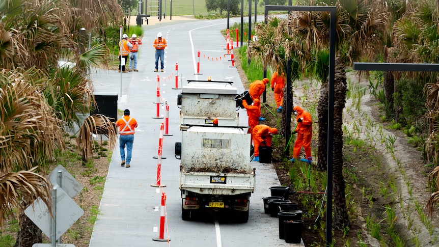 Workers wearing orange hazmat protective gear dig up contaminated mulch with shovels