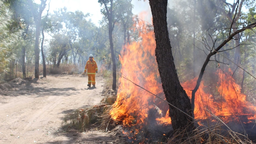 Firefighter walks behind a burning fire at Hell's Gate