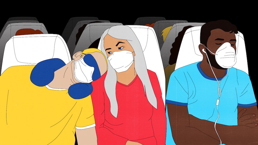 An illustration shows a women in the middle seat. 