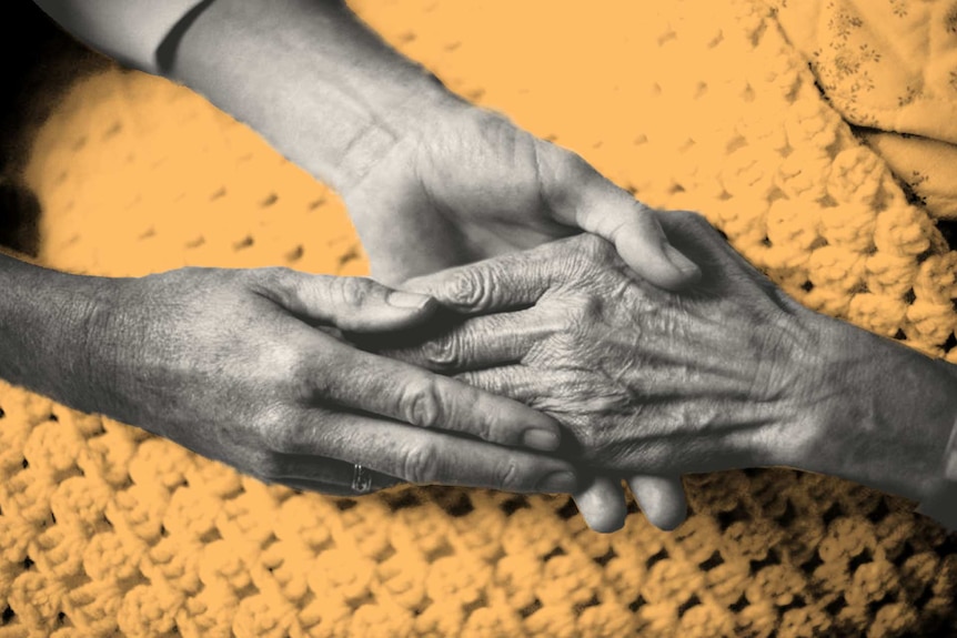 Illustration of hands holding to depict the act of supporting and sitting with a dying loved one.