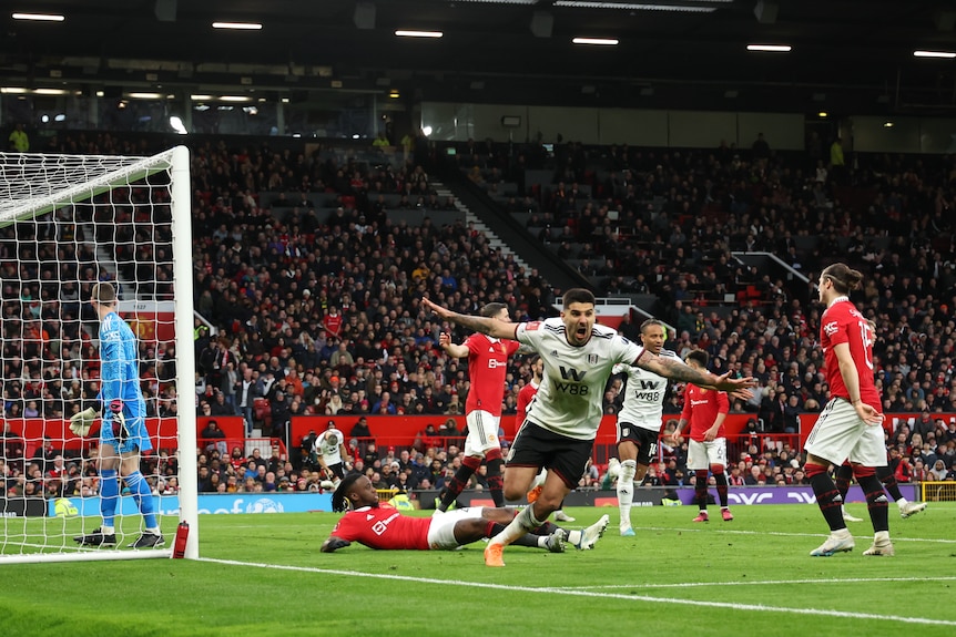 Fulham's Aleksandar Mitrovic runs away with his arms spread like wings as he celebrates a goal while defenders look dejected.
