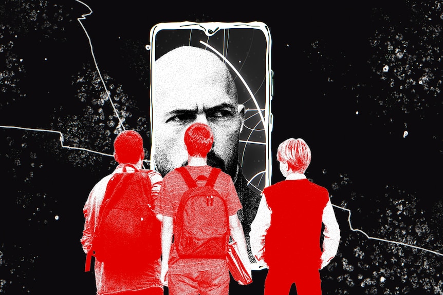 Graphic of three teen boys in school uniform looking at a giant phone with "manfluencer" Andrew Tate's face on it.