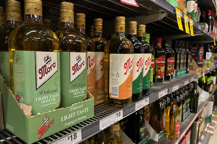 Olive oil bottles lined up on supermarket shelf.