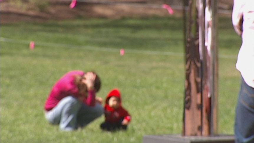 Blurred image of woman and child in a park.