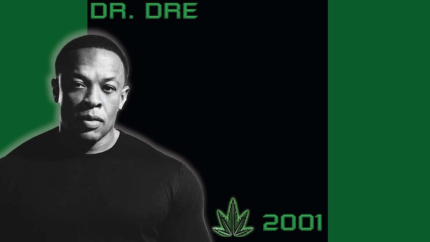 Photo of Dr. Dre superimposed over the cover of his album 2001