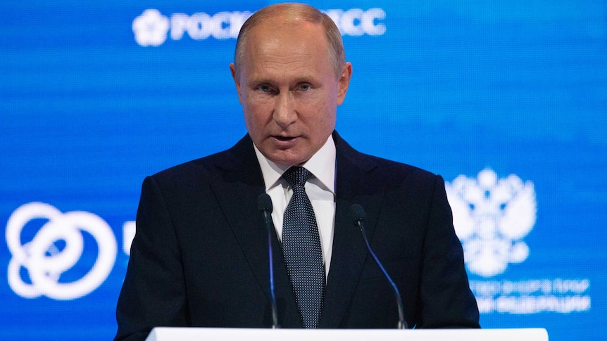 Russian President Vladimir Putin speaks at the Russian Energy Week International Forum in Moscow.